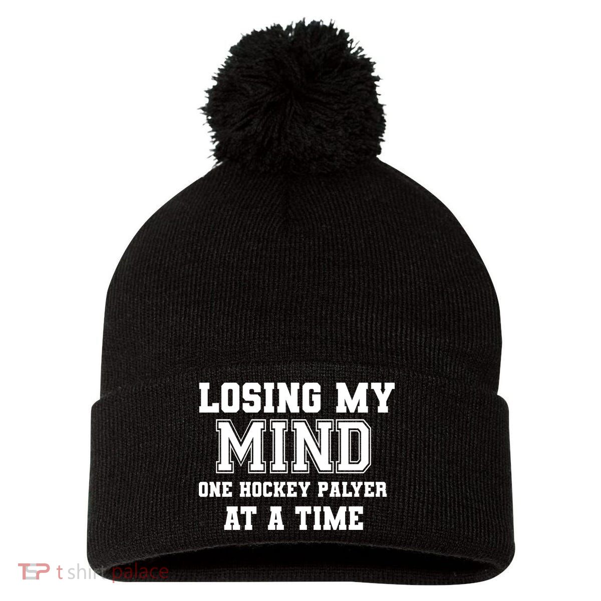 Losing My Mind One Hockey Player At A Time Father's Day Gift Pom Pom 12in Knit Beanie
