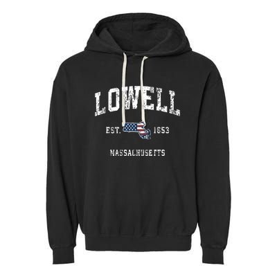 Lowell Massachusetts Ma Vintage American Flag Sports Design Garment-Dyed Fleece Hoodie