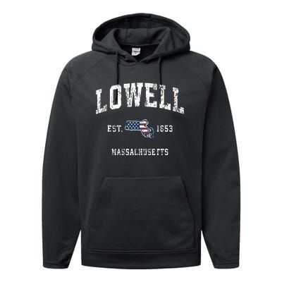 Lowell Massachusetts Ma Vintage American Flag Sports Design Performance Fleece Hoodie