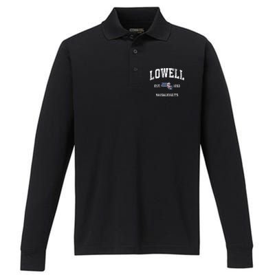 Lowell Massachusetts Ma Vintage American Flag Sports Design Performance Long Sleeve Polo