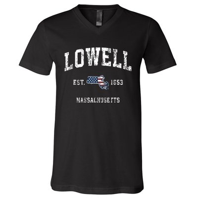 Lowell Massachusetts Ma Vintage American Flag Sports Design V-Neck T-Shirt