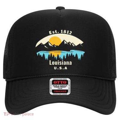 Louisiana Mountain Nature Sunset River Camping Hiking High Crown Mesh Back Trucker Hat