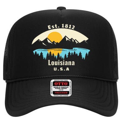 Louisiana Mountain Nature Sunset River Camping Hiking High Crown Mesh Back Trucker Hat