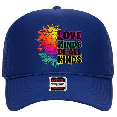 Love Minds Of All Kinds, Neurodiversity, Autism Awareness High Crown Mesh Back Trucker Hat