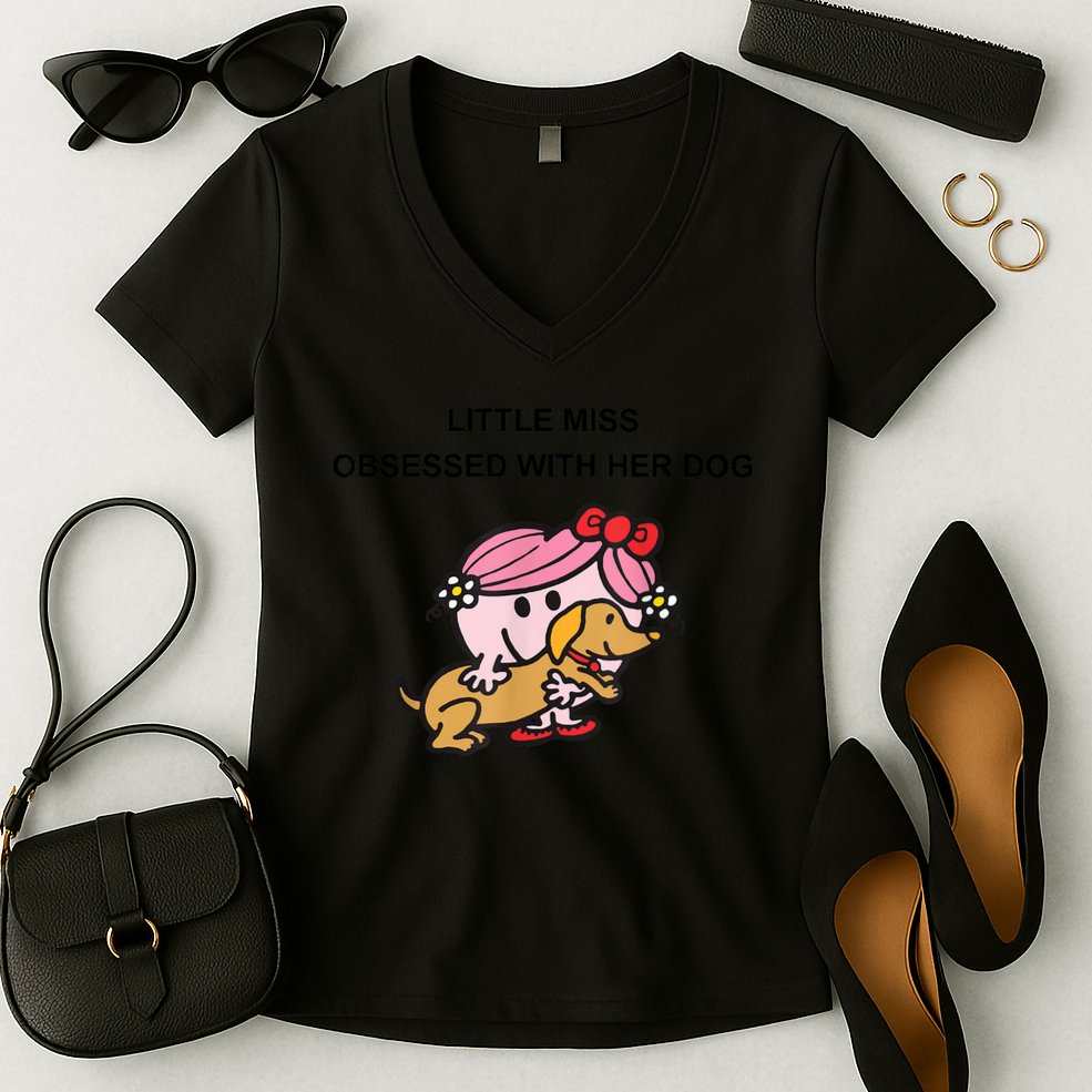 Little Miss Obsessed With Her Dog Funny Design Women's V-Neck T-Shirt
