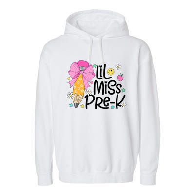 Little Miss Prek Pencil Bow First Day Of School Garment-Dyed Fleece Hoodie