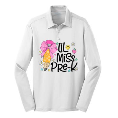 Little Miss Prek Pencil Bow First Day Of School Silk Touch Performance Long Sleeve Polo