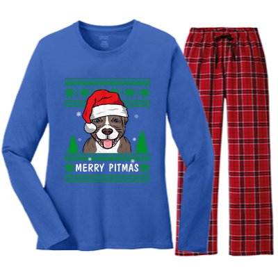 Love My Pitbull Merry Pitmas Pittie Mom Dad Funny Christmas Gift Women's Long Sleeve Flannel Pajama Set 