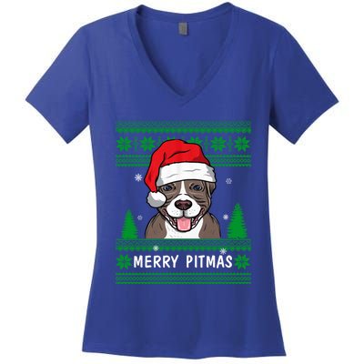 Love My Pitbull Merry Pitmas Pittie Mom Dad Funny Christmas Gift Women's V-Neck T-Shirt