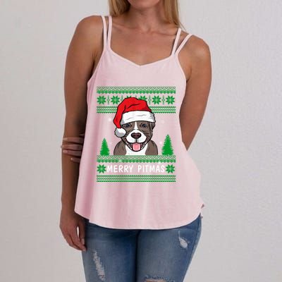 Love My Pitbull Merry Pitmas Pittie Mom Dad Funny Christmas Gift Women's Strappy Tank