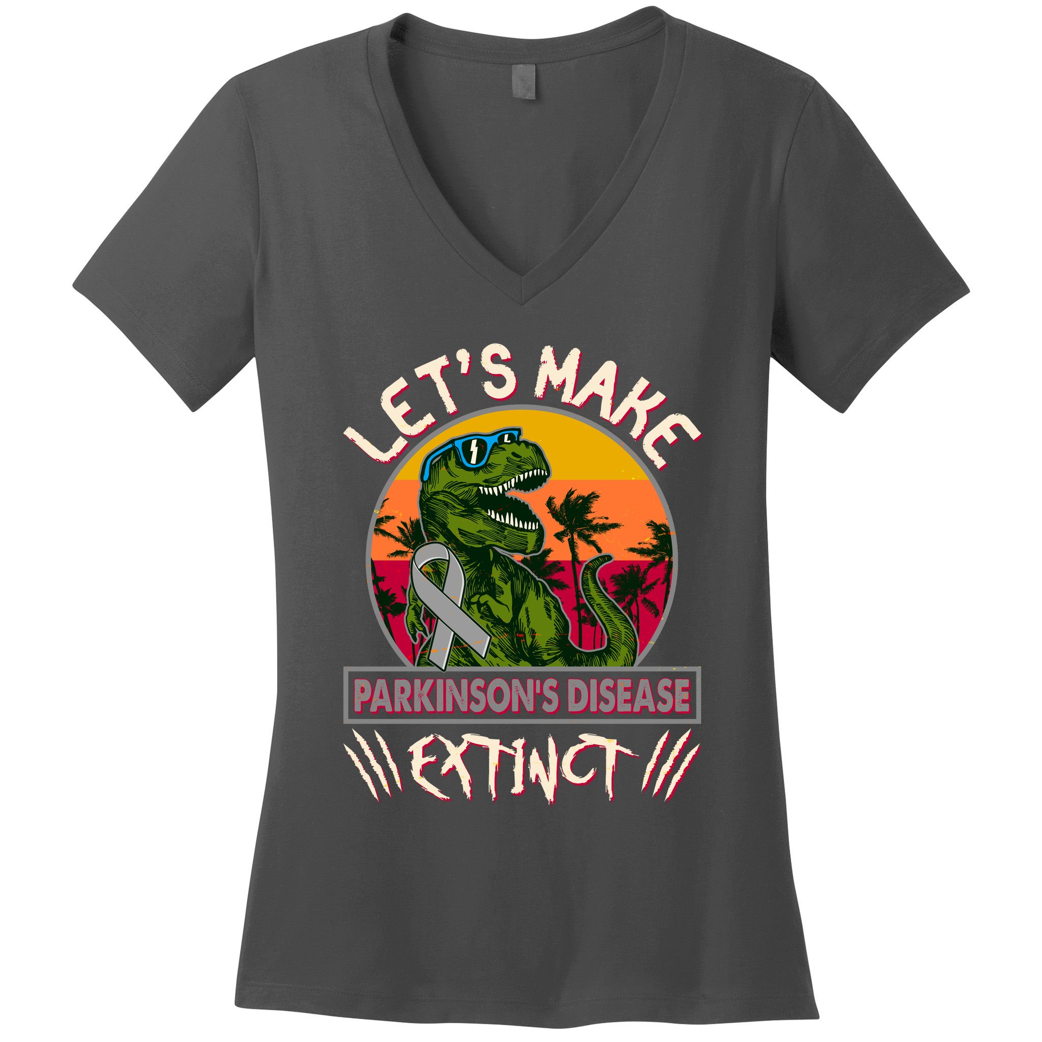 Let's Make Parkinson's Disease Extinct TRex Dinosaur Women's V-Neck T-Shirt