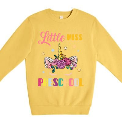 Little Miss Preschool First Day Back To School Unicorn Gift Premium Crewneck Sweatshirt