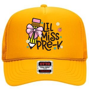 Little Miss Pre K Pencil Bow First Day Of School High Crown Mesh Back Trucker Hat