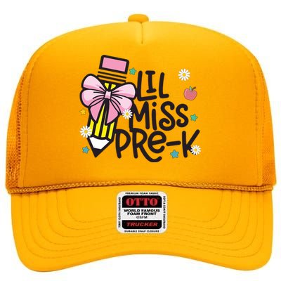 Little Miss Pre K Pencil Bow First Day Of School High Crown Mesh Back Trucker Hat