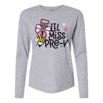 Little Miss Pre K Pencil Bow First Day Of School Womens Cotton Relaxed Long Sleeve T-Shirt