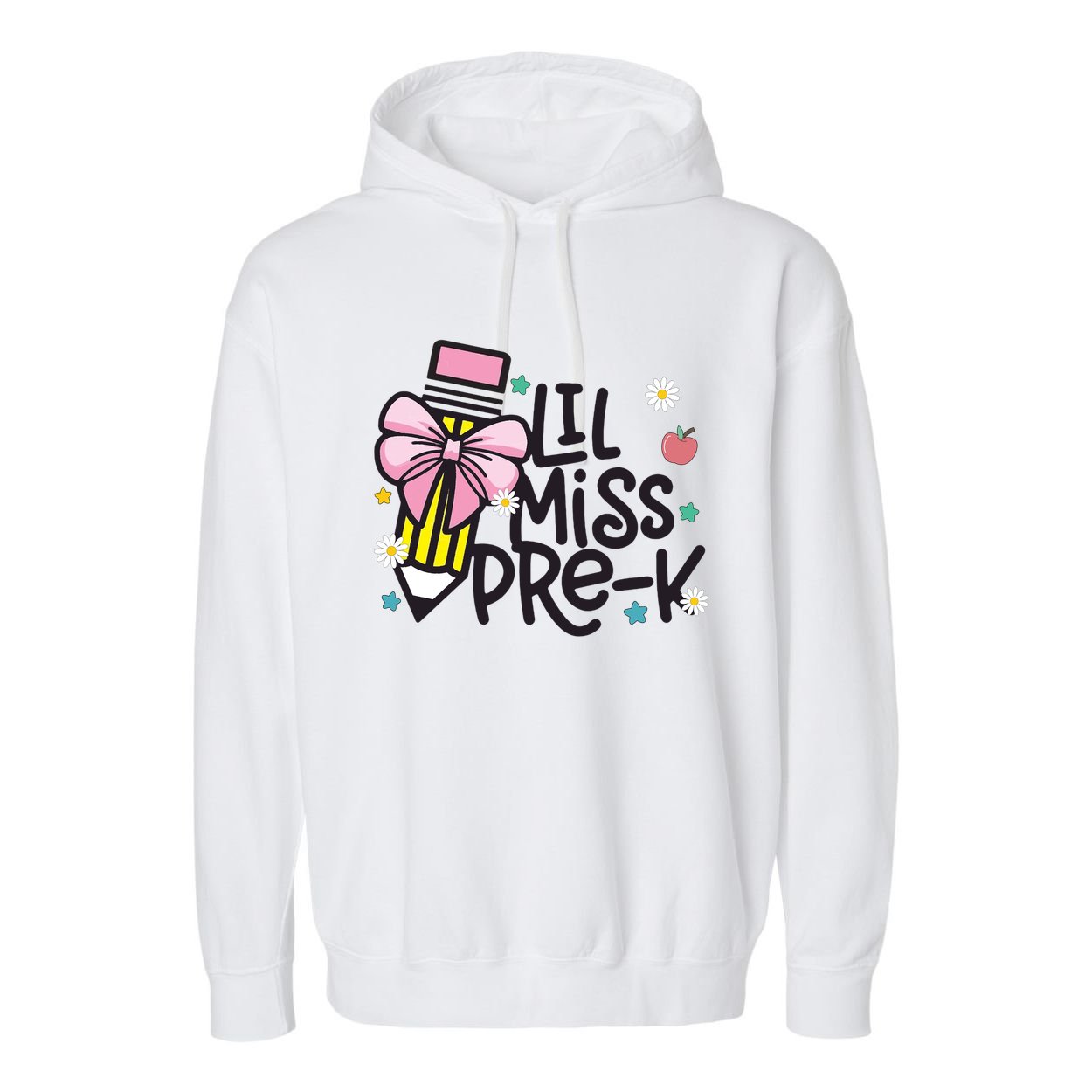 Little Miss Pre K Pencil Bow First Day Of School Garment-Dyed Fleece Hoodie