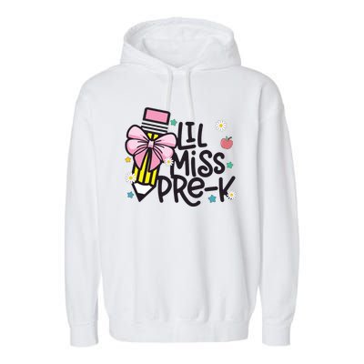 Little Miss Pre K Pencil Bow First Day Of School Garment-Dyed Fleece Hoodie