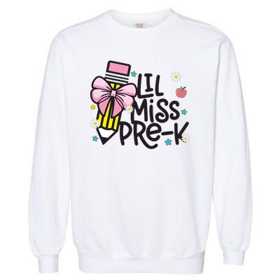 Little Miss Pre K Pencil Bow First Day Of School Garment-Dyed Sweatshirt