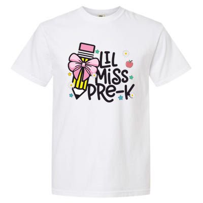 Little Miss Pre K Pencil Bow First Day Of School Garment-Dyed Heavyweight T-Shirt