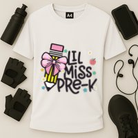 Little Miss Pre K Pencil Bow First Day Of School Cooling Performance Crew T-Shirt