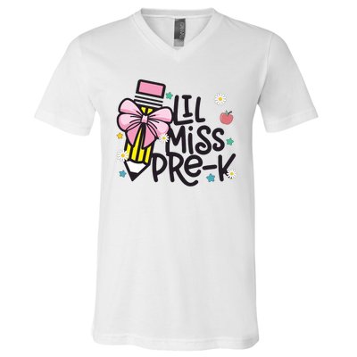 Little Miss Pre K Pencil Bow First Day Of School V-Neck T-Shirt