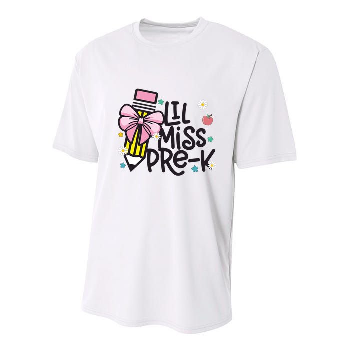 Little Miss Pre K Pencil Bow First Day Of School Youth Performance Sprint T-Shirt