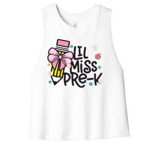 Little Miss Pre K Pencil Bow First Day Of School Women's Racerback Cropped Tank