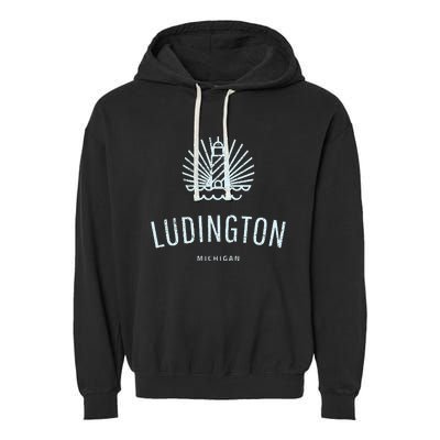 Ludington Michigan Retro Vintage Lighthouse Garment-Dyed Fleece Hoodie