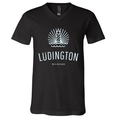 Ludington Michigan Retro Vintage Lighthouse V-Neck T-Shirt