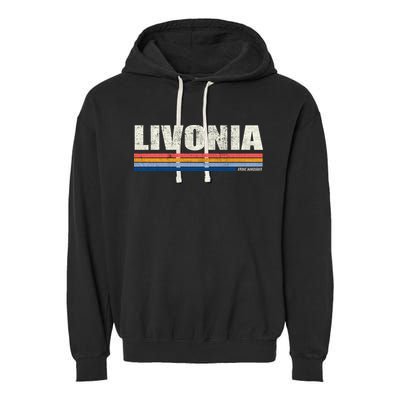 Livonia Michigan Retro Style 1980's Logo Garment-Dyed Fleece Hoodie