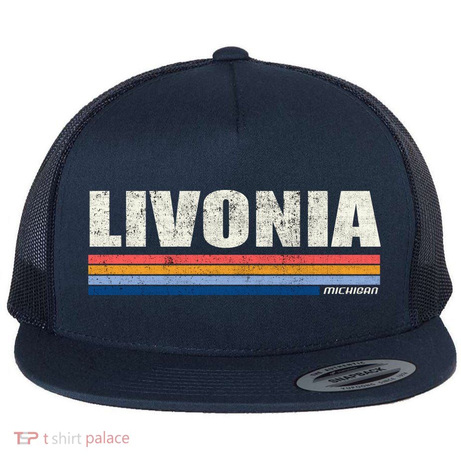 Livonia Michigan Retro Style 1980's Logo Flat Bill Trucker Hat