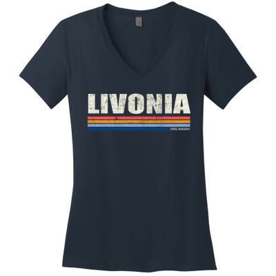 Livonia Michigan Retro Style 1980's Logo Women's V-Neck T-Shirt