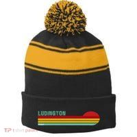 Ludington Michigan Retro Stripe Pom Pom Beanie