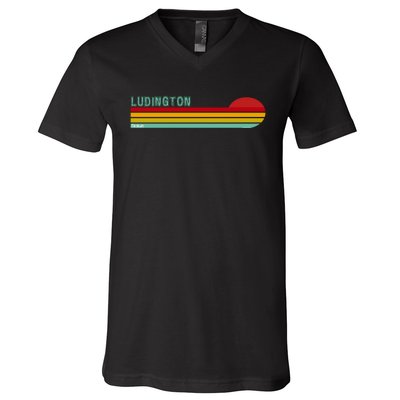 Ludington Michigan Retro V-Neck T-Shirt