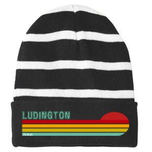 Ludington Michigan Retro Striped Beanie with Solid Band