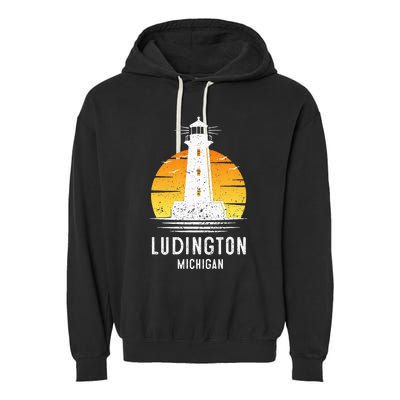 Ludington Michigan Retro Vintage Lighthouse Idea Gifts Garment-Dyed Fleece Hoodie