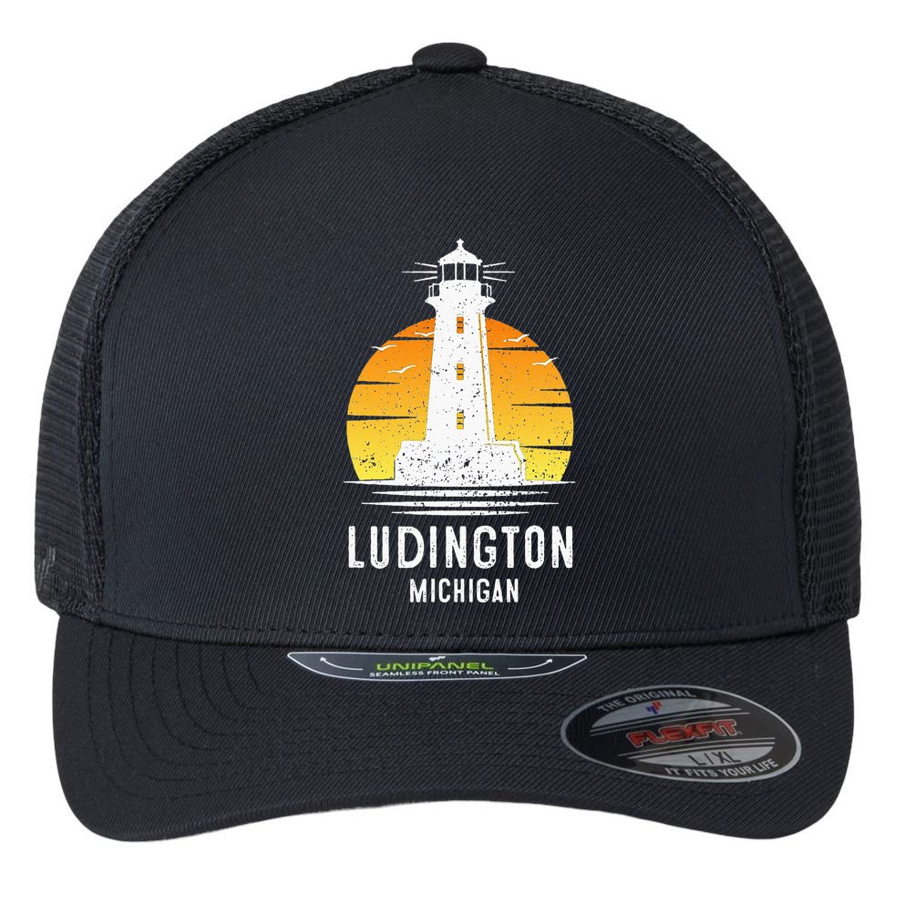 Ludington Michigan Retro Vintage Lighthouse Idea Gifts Flexfit Unipanel Trucker Cap