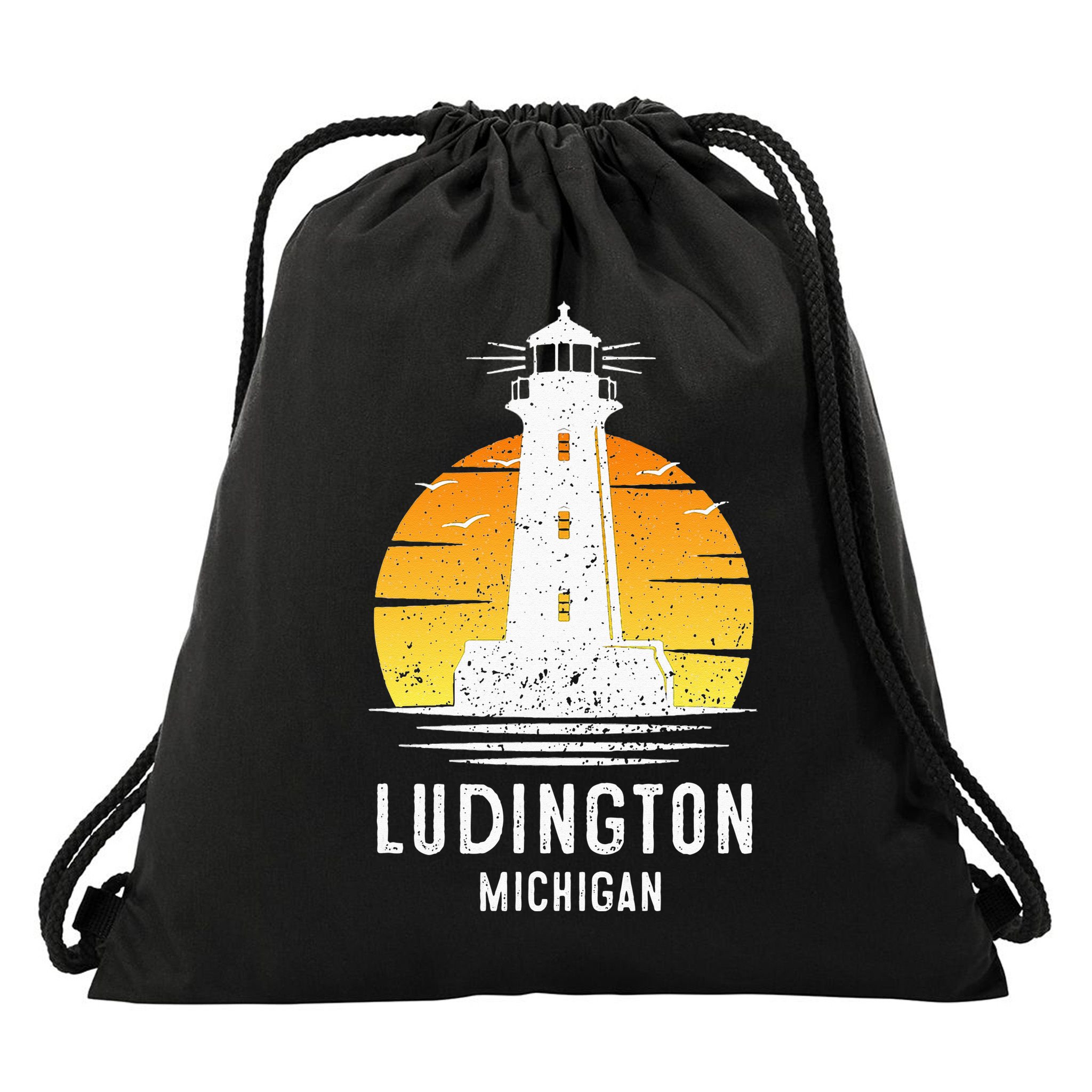 Ludington Michigan Retro Vintage Lighthouse Idea Gifts Drawstring Bag