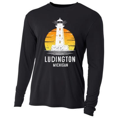 Ludington Michigan Retro Vintage Lighthouse Idea Gifts Cooling Performance Long Sleeve Crew