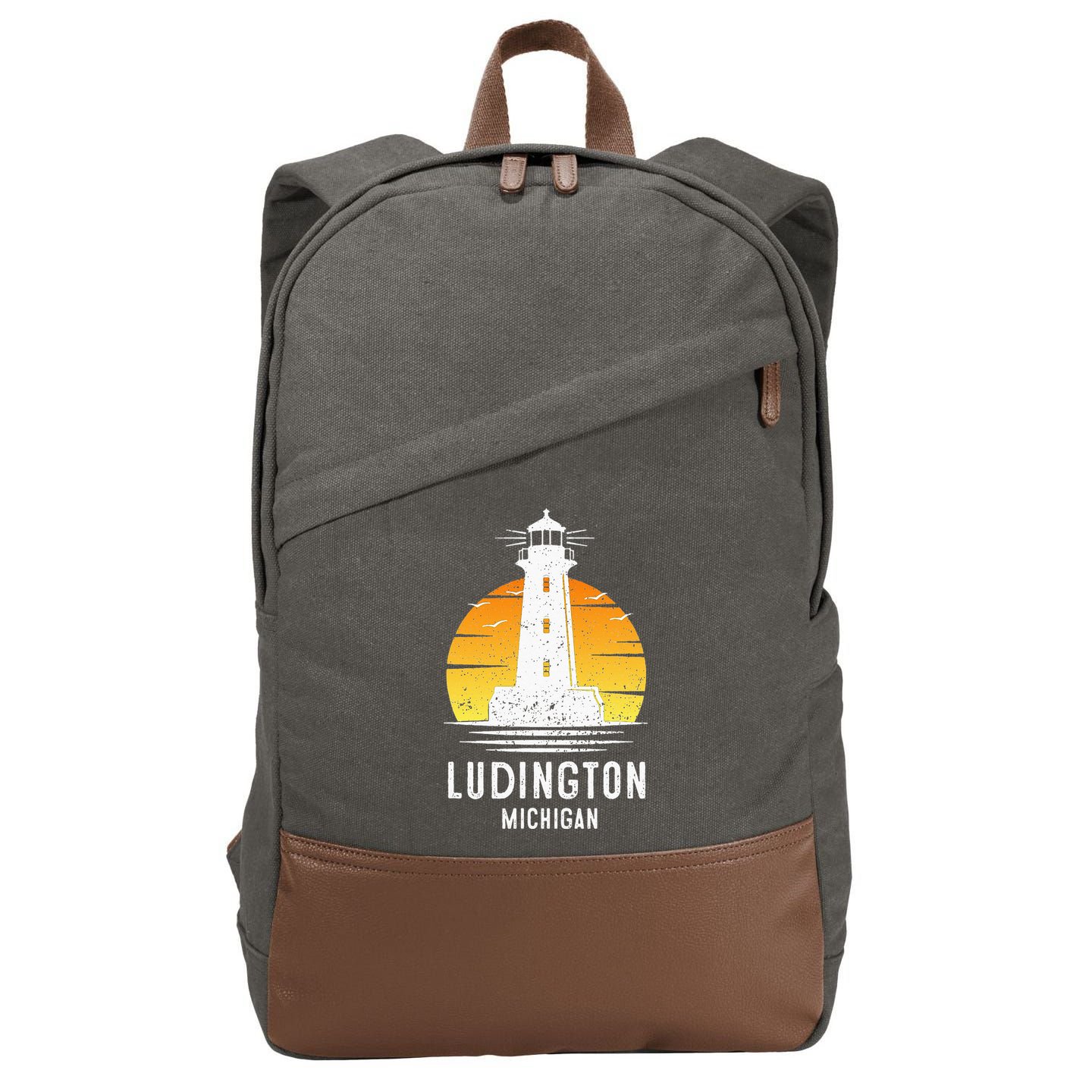 Ludington Michigan Retro Vintage Lighthouse Idea Gifts Cotton Canvas Backpack
