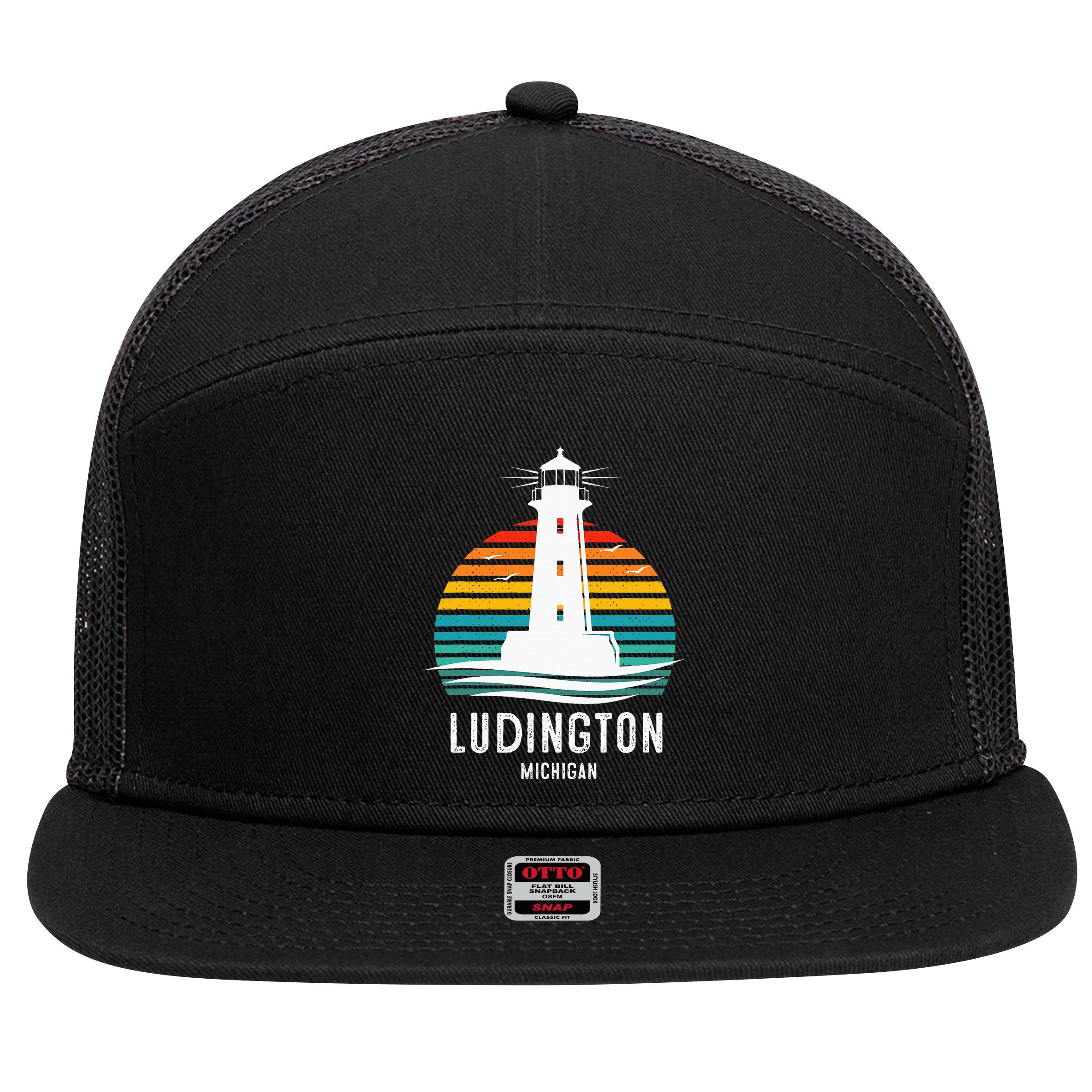 Ludington Michigan Retro Vintage Lighthouse Idea 7 Panel Mesh Trucker Snapback Hat