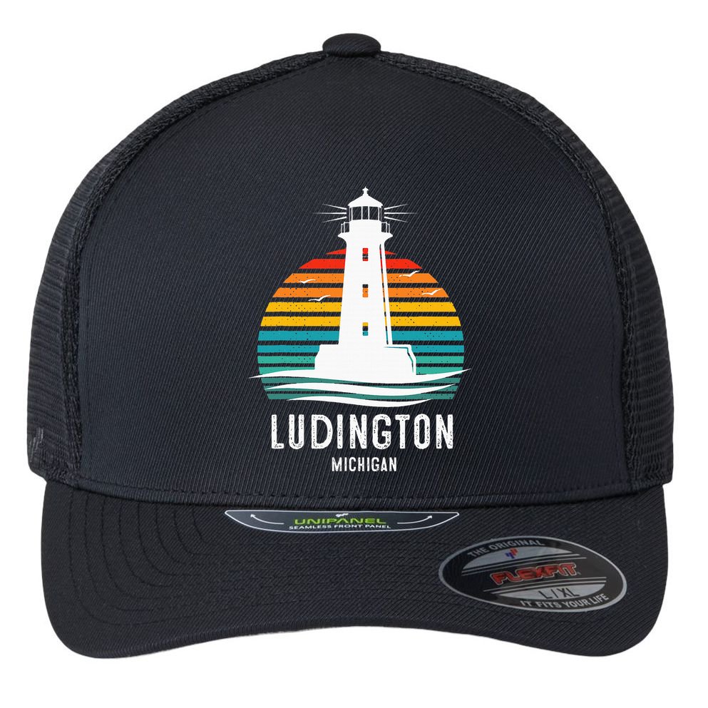 Ludington Michigan Retro Vintage Lighthouse Idea Flexfit Unipanel Trucker Cap