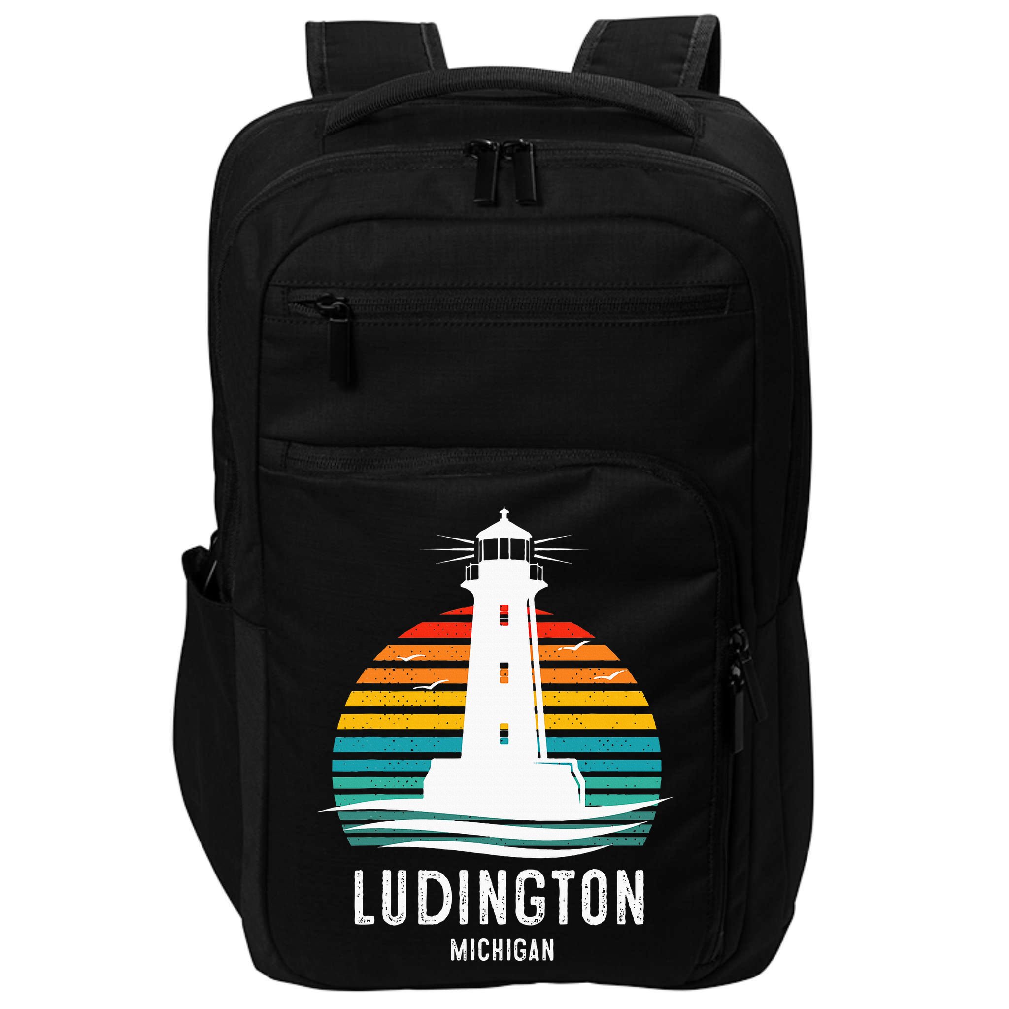 Ludington Michigan Retro Vintage Lighthouse Idea Impact Tech Backpack