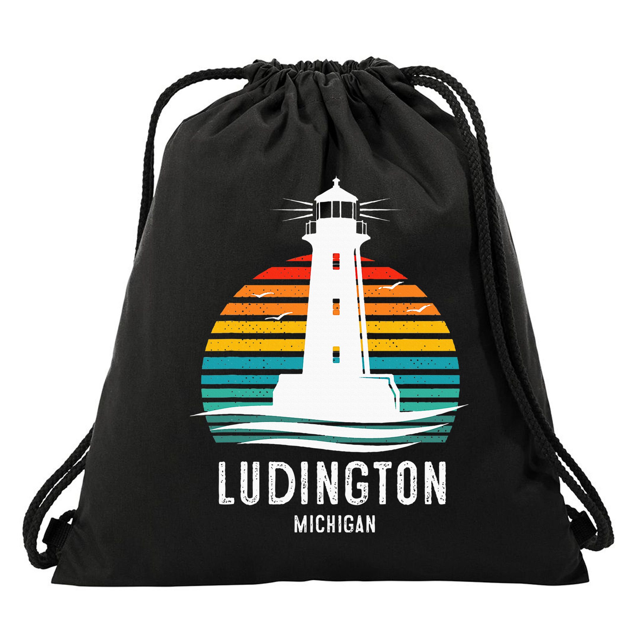 Ludington Michigan Retro Vintage Lighthouse Idea Drawstring Bag