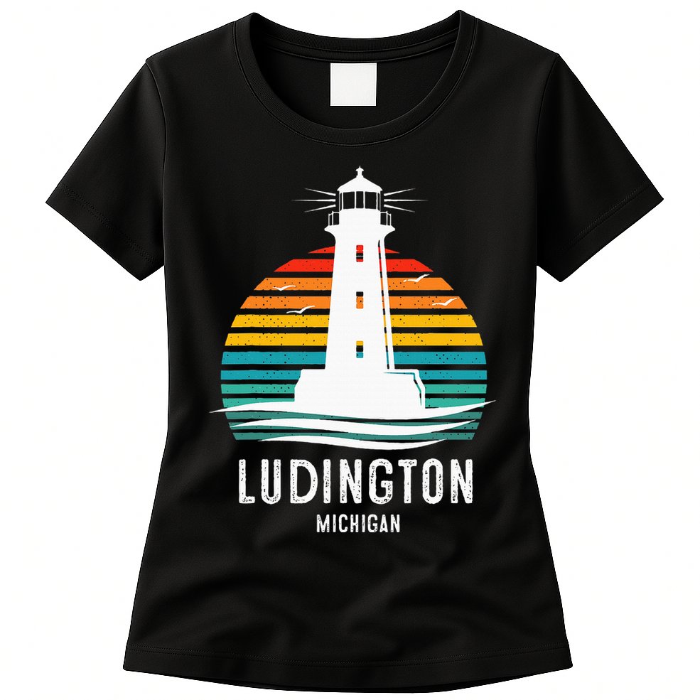 Ludington Michigan Retro Vintage Lighthouse Idea Womens T-Shirt