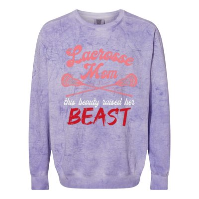 Lacrosse Mom Raised Her Beast Funny Mothers Day Daughter Son Colorblast Crewneck Sweatshirt