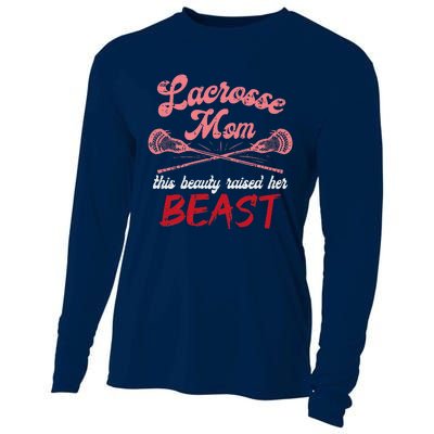 Lacrosse Mom Raised Her Beast Funny Mothers Day Daughter Son Cooling Performance Long Sleeve Crew