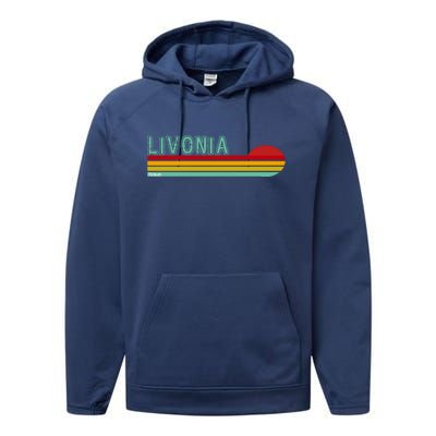 Livonia Michigan Retro Sunset Logo Performance Fleece Hoodie