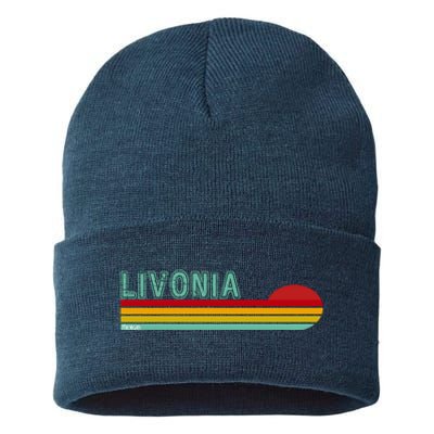 Livonia Michigan Retro Sunset Logo Sustainable Knit Beanie