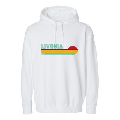 Livonia Michigan Retro Sunset Logo Garment-Dyed Fleece Hoodie